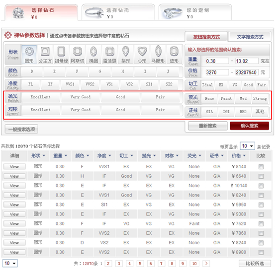 可点击更多搜索选项将裸钻搜索系统切换为高级搜索模式