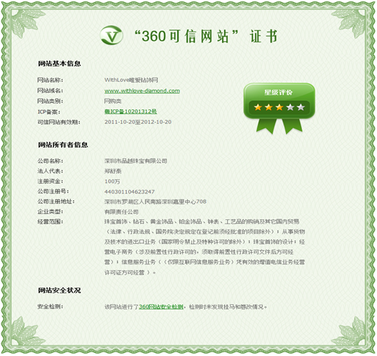 WithLove唯爱钻饰网率先获得360“可信网站”认证